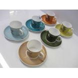 SUSIE COOPER set of 6 harlequin coloured floral design coffee cans and saucers