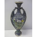 ORIENTAL CERAMICS, Satsuma twin handled 16" vase decorated with figures in garden setting.