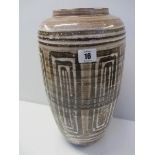 RYE POTTERY, a Retro-style brown and cream glazed 14.5" vase decorated with geometric designs.