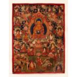 A TIBETAN THANGKA PAINTING ON FABRIC, unframed, painted to its centre with Buddha encircled by a