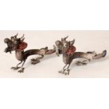 A PAIR OF 20TH CENTURY CHINESE ONLAID SILVER METAL MODELS OF DRAGONS, each with detachable heads,