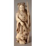 A JAPANESE MEIJI PERIOD IVORY OKIMONO OF A STANDING WARRIOR, bearing a spear in one hand and a