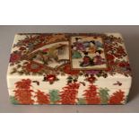 AN EARLY 20TH CENTURY SIGNED JAPANESE RECTANGULAR SATSUMA EARTHENWARE BOX & COVER, the cover painted