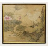 A LARGE 19TH/20TH CENTURY CHINESE FRAMED PAINTING ON PAPER, depicting a pair of herons standing on a