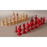 A GOOD QUALITY 19TH CENTURY INDIAN SECTIONAL IVORY CHESS SET, one side natural, the other side