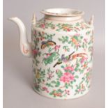 A 19TH CENTURY CHINESE CANTON PORCELAIN TEAPOT & COVER, painted with an overall design of birds,