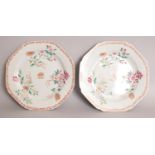 A PAIR OF 18TH CENTURY CHINESE QIANLONG PERIOD FAMILLE ROSE OCTAGONAL PORCELAIN PLATES, painted with