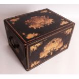 A 19TH CENTURY CHINESE LACQUERED WOOD RECTANGULAR BOX, with a hinged cover, decorated in gilding