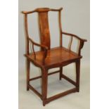 A GOOD QUALITY CHINESE 'OFFICIALS HAT' HARDWOOD CHAIR, possibly huanghuali, with curving arms and