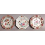 A GROUP OF THREE 18TH CENTURY CHINESE QIANLONG PERIOD FAMILLE ROSE PORCELAIN PLATES, various