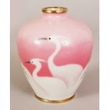 A JAPANESE MEIJI PERIOD PINK GROUND MUSEN WIRELESS CLOISONNE ENAMEL VASE, decorated with egrets