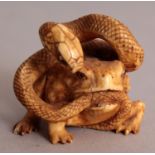 A GOOD SMALL JAPANESE MEIJI PERIOD IVORY OKIMONO, well carved in the form of a snake attacking a