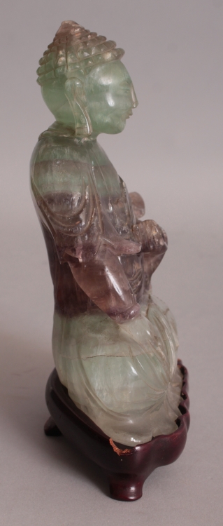 A 20TH CENTURY CHINESE FLUORITE CRYSTAL CARVING OF BUDDHA, together with a fitted wood stand, the - Image 2 of 8