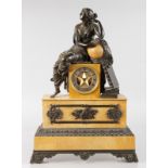 A GOOD 19TH CENTURY BRONZE AND YELLOW MARBLE MANTLE CLOCK by COLIN A. PARIS, the case with a