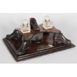 A VERY RARE UNUSUAL LEATHER DESK INKWELL, made by JAMES ANGUS SHOEMAKER, SCOTTISH, engraved metal