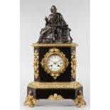 A GOOD 19TH CENTURY FRENCH MANTLE CLOCK, surmounted with a bronze figure of a scribe, the rosewood