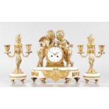 A GOOD LOUIS XVI DESIGN WHITE MARBLE AND ORMOLU THREE PIECE CLOCK GARNITURE, Retailed by Maple &