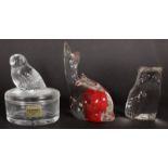 A GLASS DOLPHIN, OWL, OWL on a box and a pear (4).