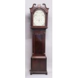 AN 18TH CENTURY MAHOGANY LONGCASE CLOCK, with eight-day movement striking on five bells, the painted