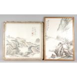 TWO FRAMED AND GLAZED CHINESE WATERCOLOURS OF MOUNTAINS. 25ins x 17ins and 21ins x 21ins.