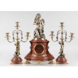 A GOOD 19TH CENTURY FRENCH THREE PIECE ROUGE MARBLE AND SILVERED BRONZE CLOCK GARNITURE, the clock