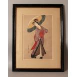 AN EARLY 20TH CENTURY FRAMED & SIGNED JAPANESE PRINT, depicting a bijin bearing a parasol, the frame