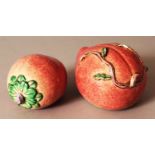 TWO GOOD 19TH/20TH CENTURY CHINESE PINK GLAZED PORCELAIN MODELS OF PEACH, each with naturalistic