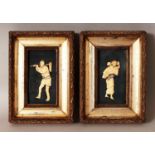 A PAIR OF FRAMED JAPANESE MEIJI PERIOD CARVED IVORY & MOTHER-OF-PEARL PICTURE MOUNTED VILLAGER