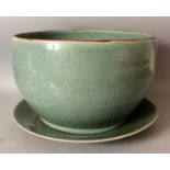 A VERY LARGE CHINESE CRACKLEGLAZE CELADON BOWL ON STAND, the bowl 16.5in diameter at rim & 10.2in