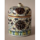 A 19TH CENTURY UNDERGLAZE-BLUE & ENAMEL DECORATED PORCELAIN BOX & COVER, painted with a design of