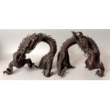 A GOOD LARGE PAIR OF JAPANESE MEIJI PERIOD BRONZE DRAGONS, each sinuous creature with
