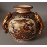 AN EARLY 20TH CENTURY SIGNED JAPANESE MEIJI PERIOD SATSUMA EARTHENWARE THREE HANDLED VASE, each