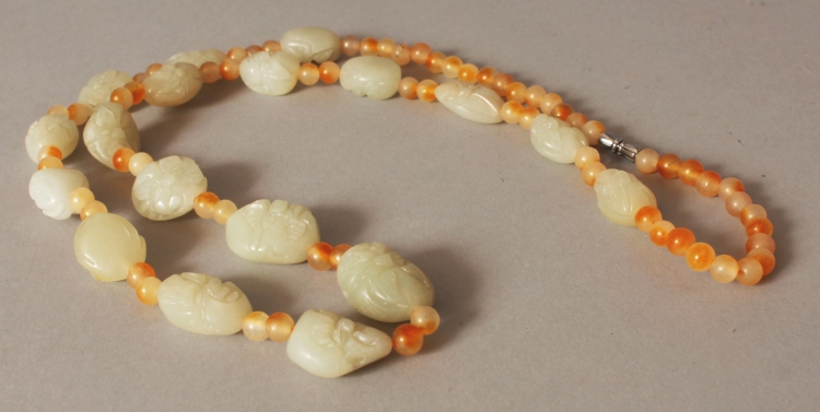 A CHINESE CELADON JADE & AGATE BEAD NECKLACE, the boulder-form jade beads each carved with a mask, - Image 2 of 5