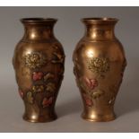 A PAIR OF JAPANESE MEIJI PERIOD ONLAID POLISHED BRONZE VASES, some of the decoration in onlaid