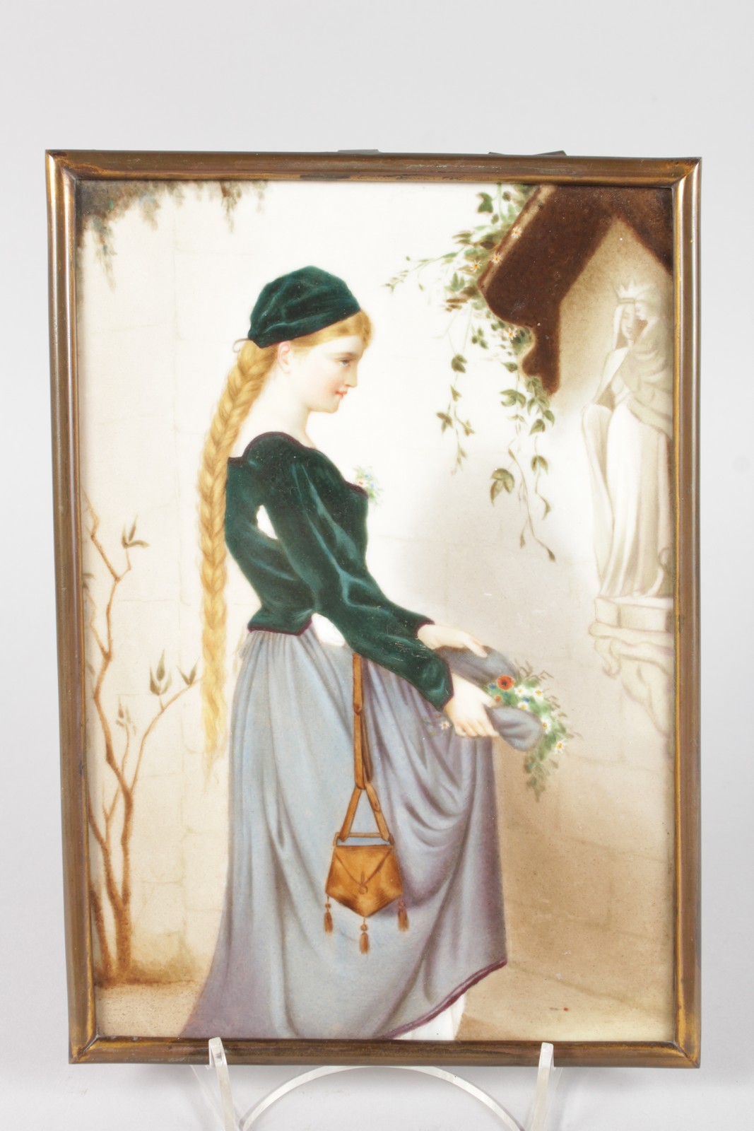 A KPM PORCELAIN PLAQUE, a young girl with flowers before The Madonna. 9ins x 6ins. - Image 2 of 7