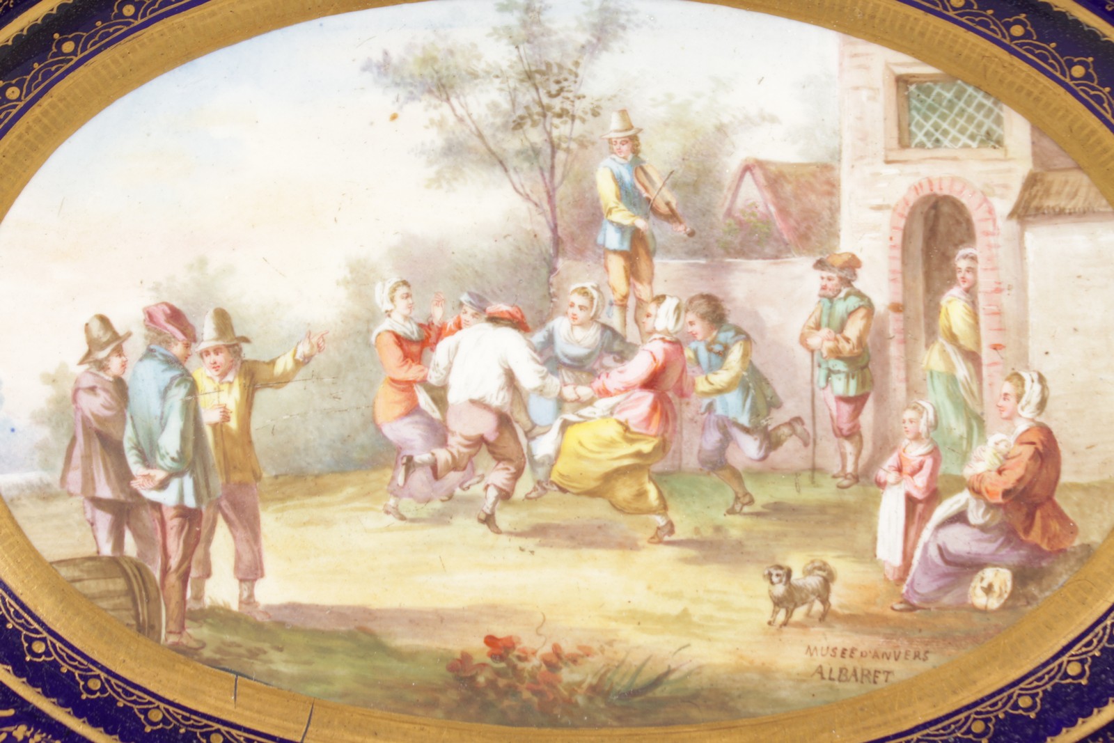 A GOOD SEVRES PORCELAIN OVAL DISH, painted with figures revelling by ALBERT, with blue and gilt - Image 2 of 8