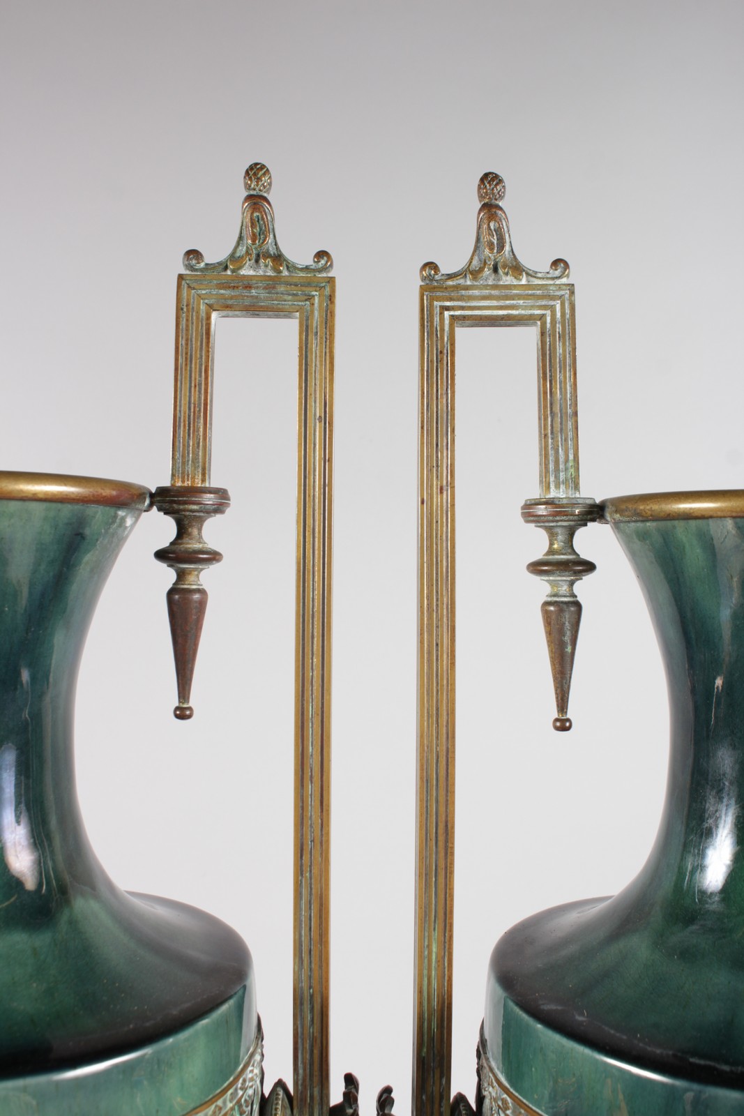 A GOOD PAIR OF LARGE GREEN PORCELAIN TWO HANDLED TAPERING VASES with large gilt metal handles and - Image 2 of 6