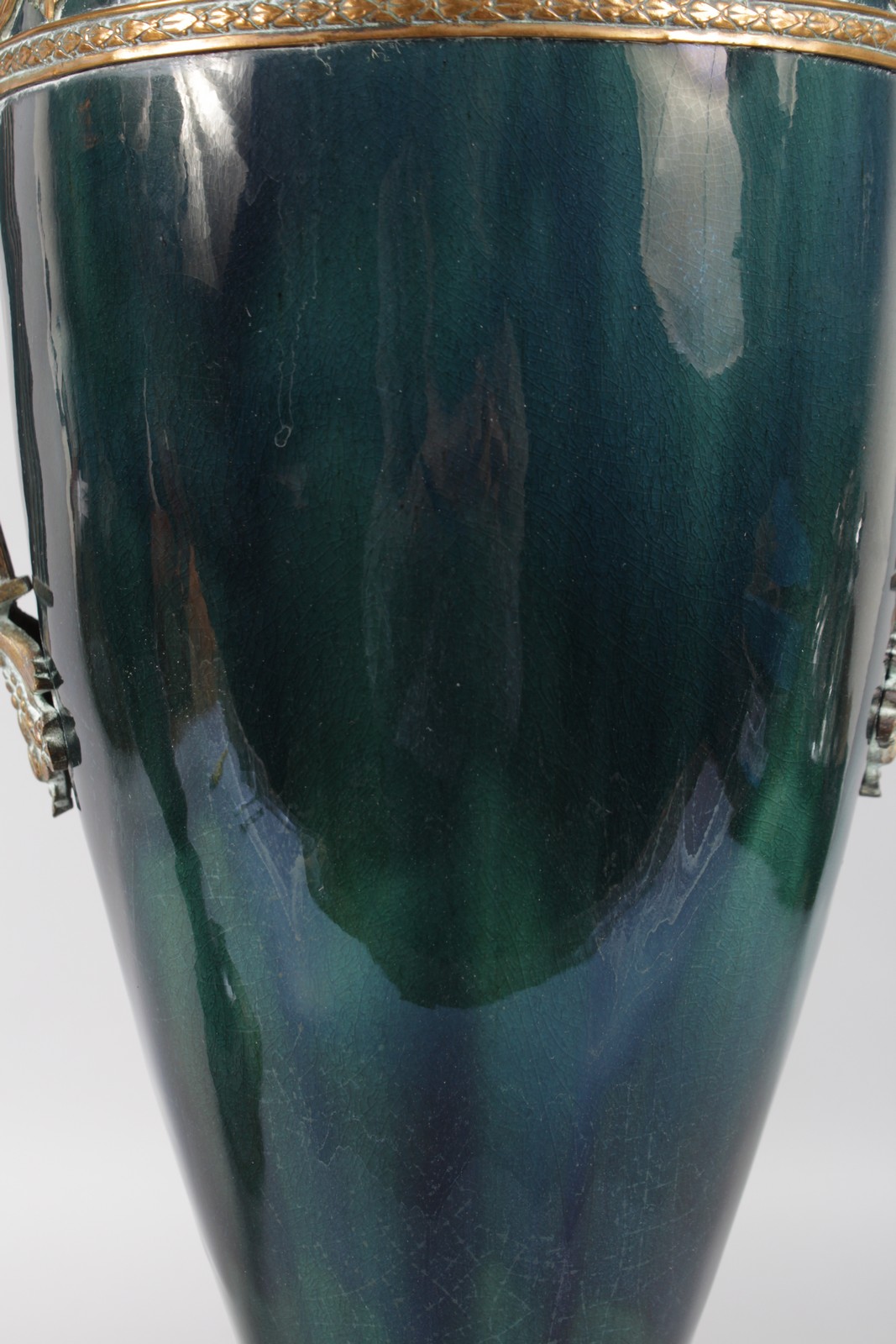 A GOOD PAIR OF LARGE GREEN PORCELAIN TWO HANDLED TAPERING VASES with large gilt metal handles and - Image 3 of 6