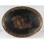 A LARGE REGENCY OVAL PAPIER MACHE TRAY with gilt decorated borders, the centre painted with young