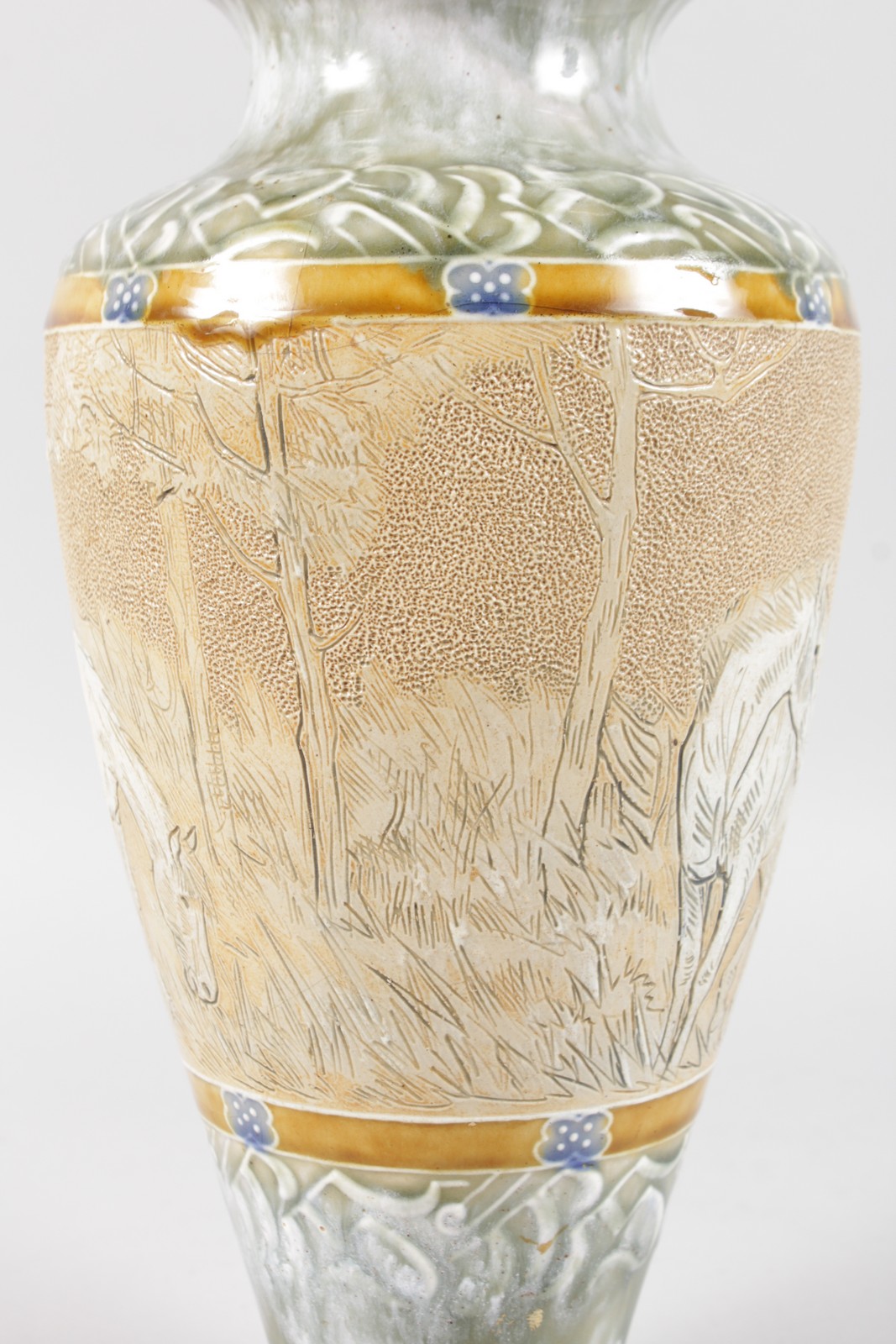A DOULTON LAMBETH STONEWARE VASE, painted and incised decoration of four horses by HANNAH B. BARLOW. - Image 7 of 10