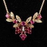 A GOOD 18CT YELLOW GOLD, RUBY AND DIAMOND PENDANT AND CHAIN.