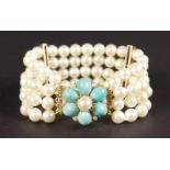 A GOOD PEARL AND TURQUOISE 9CT GOLD BRACELET.