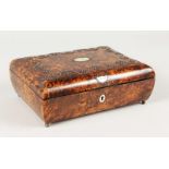 A VERY GOOD 19TH CENTURY MULBERRY SEWING BOX with studded top, opening to reveal a fitted interior