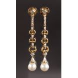 A GOOD PAIR OF 18CT YELLOW GOLD, PEARL AND DIAMOND DROP EARRINGS.