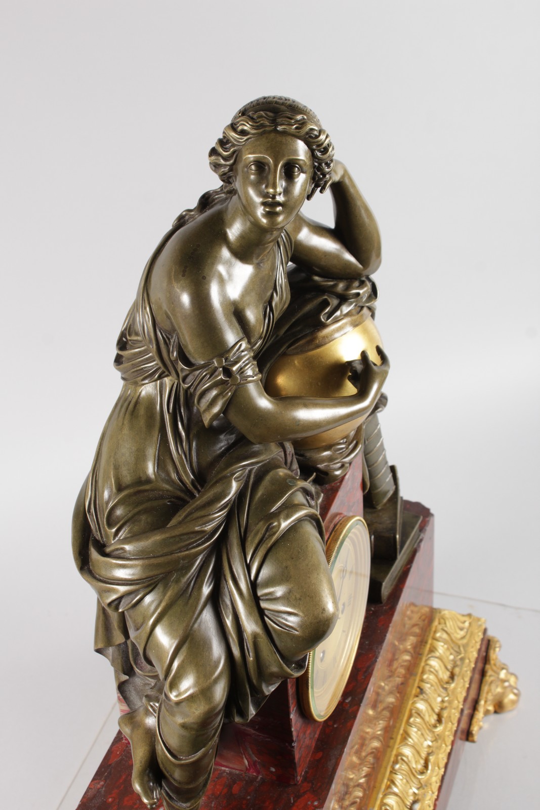 A SUPERB LOUIS XVI BRONZE, ORMOLU AND ROUGE MARBLE MANTLE CLOCK, the case with a classical female - Image 6 of 10