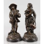 EMILE BLAVIER (19TH CENTURY) FRENCH A GOOD PAIR OF BRONZE FIGURES, a man playing pipes, the woman