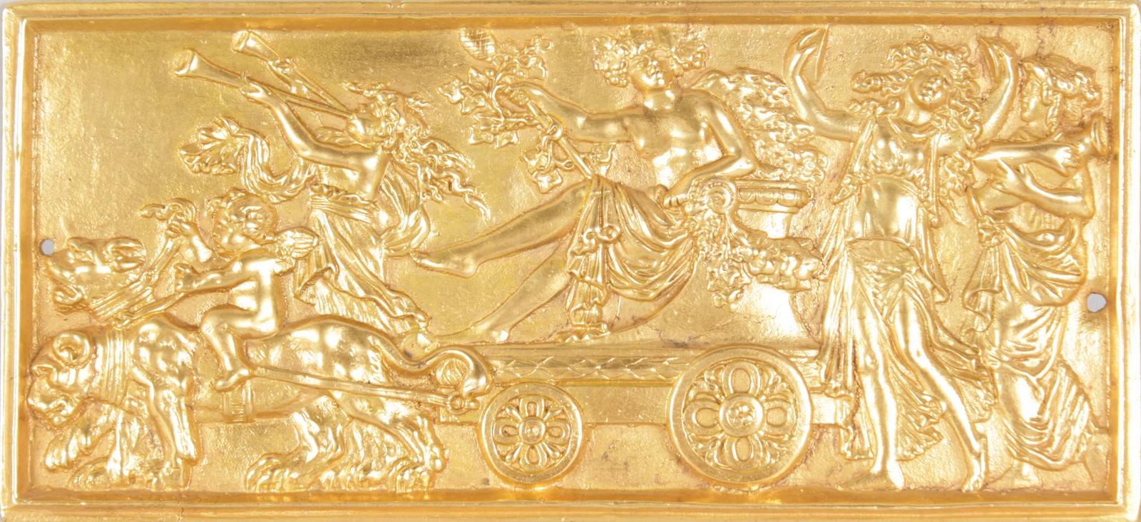 AFTER THE ANTIQUE AN ITALIAN GILT BRONZE PLAQUE, classical scene with chariot. 3.25ins x 7ins.