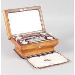 A SUPERB REGENCY MAPLE WOOD SHAPED SEWING BOX AND COVER, mirrored interior, fitted with scissors,