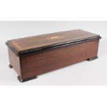 A GOOD SWISS MUSICAL BOX, in an inlaid rosewood case, 2ft long, with 11-inch drum movement, No.