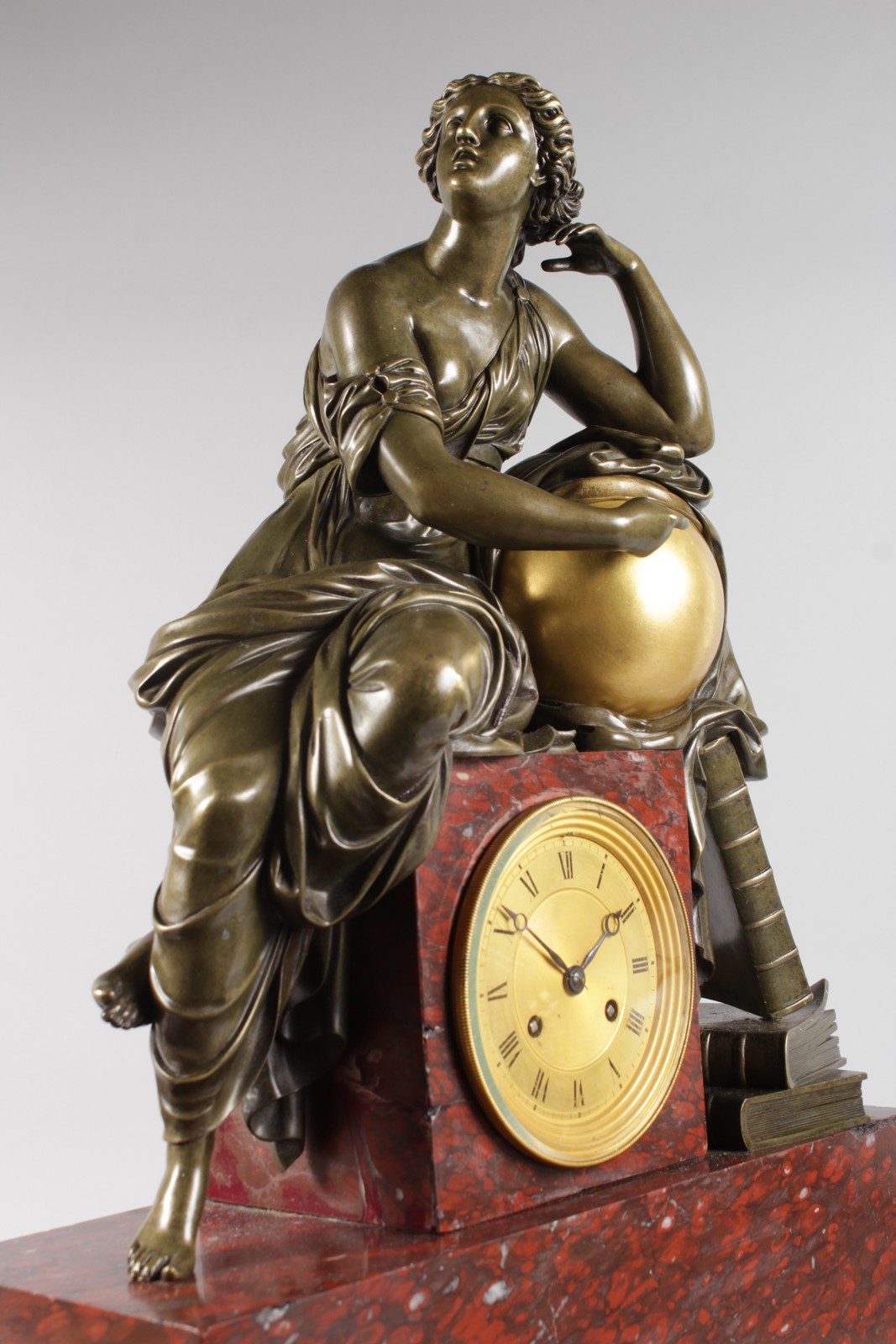 A SUPERB LOUIS XVI BRONZE, ORMOLU AND ROUGE MARBLE MANTLE CLOCK, the case with a classical female - Image 8 of 10